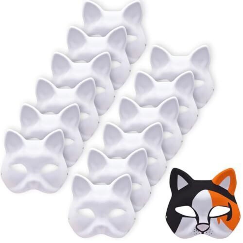 5264 12 Pack White Fox Masks – DIY Blank Animal Face Mask with Elastic